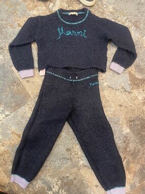 Marni Kids Black Knit Pajama Set with Teal Script and Lilac Cuffs